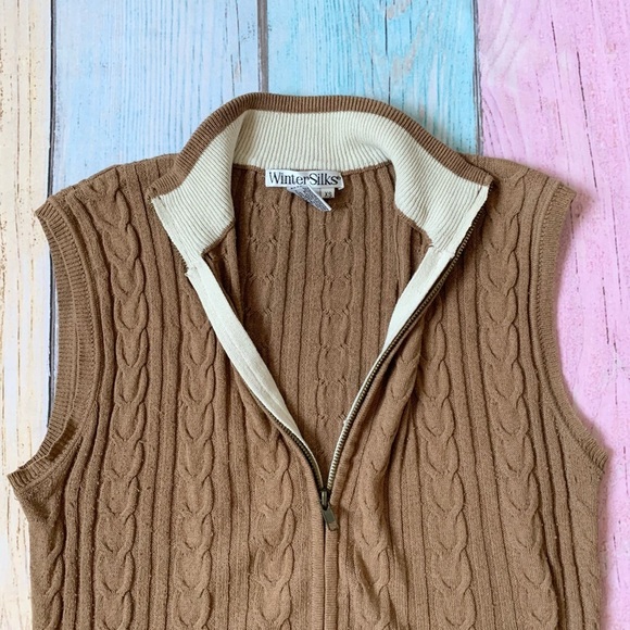 Women’s silk and cotton Tan Cable Knit zip up Sweater Vest - Picture 6 of 8
